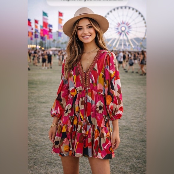 Kaktus Dresses & Skirts - Kaktus Bright Floral Boho V-Neck Tunic Dress dress size Large